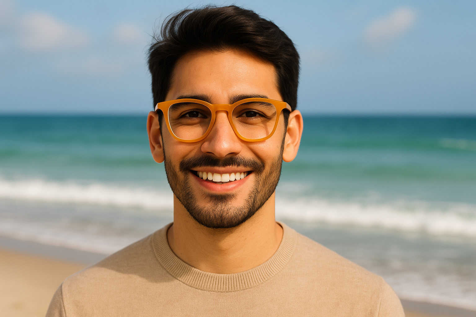 Man wearing yellow glasses at the beach