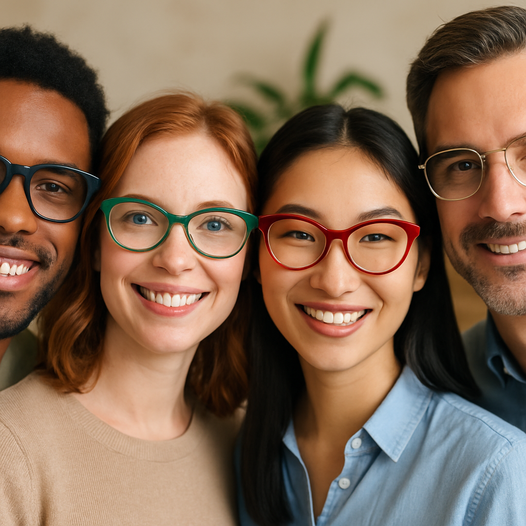 People wearing colorful glasses
